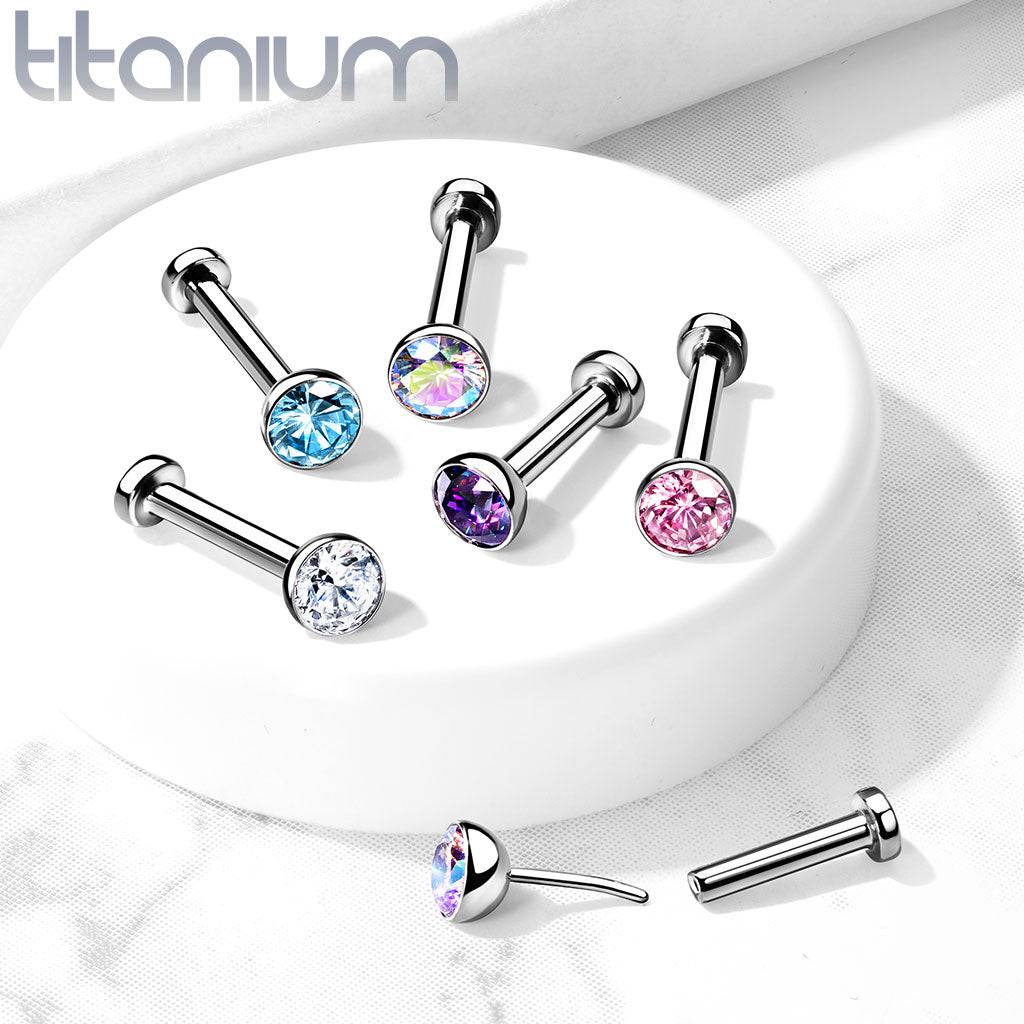 Implant Grade Titanium Threadless Push In Tragus/Cartilage Bezel Vitrail Medium CZ With Flat Back - Image 3