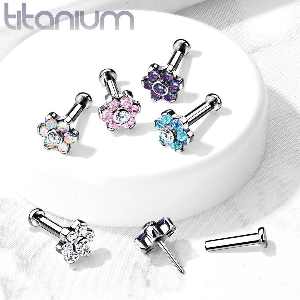 Implant Grade Titanium Threadless Push In Nose Ring Vitrail Medium CZ Flower With Flat Back - Image 3